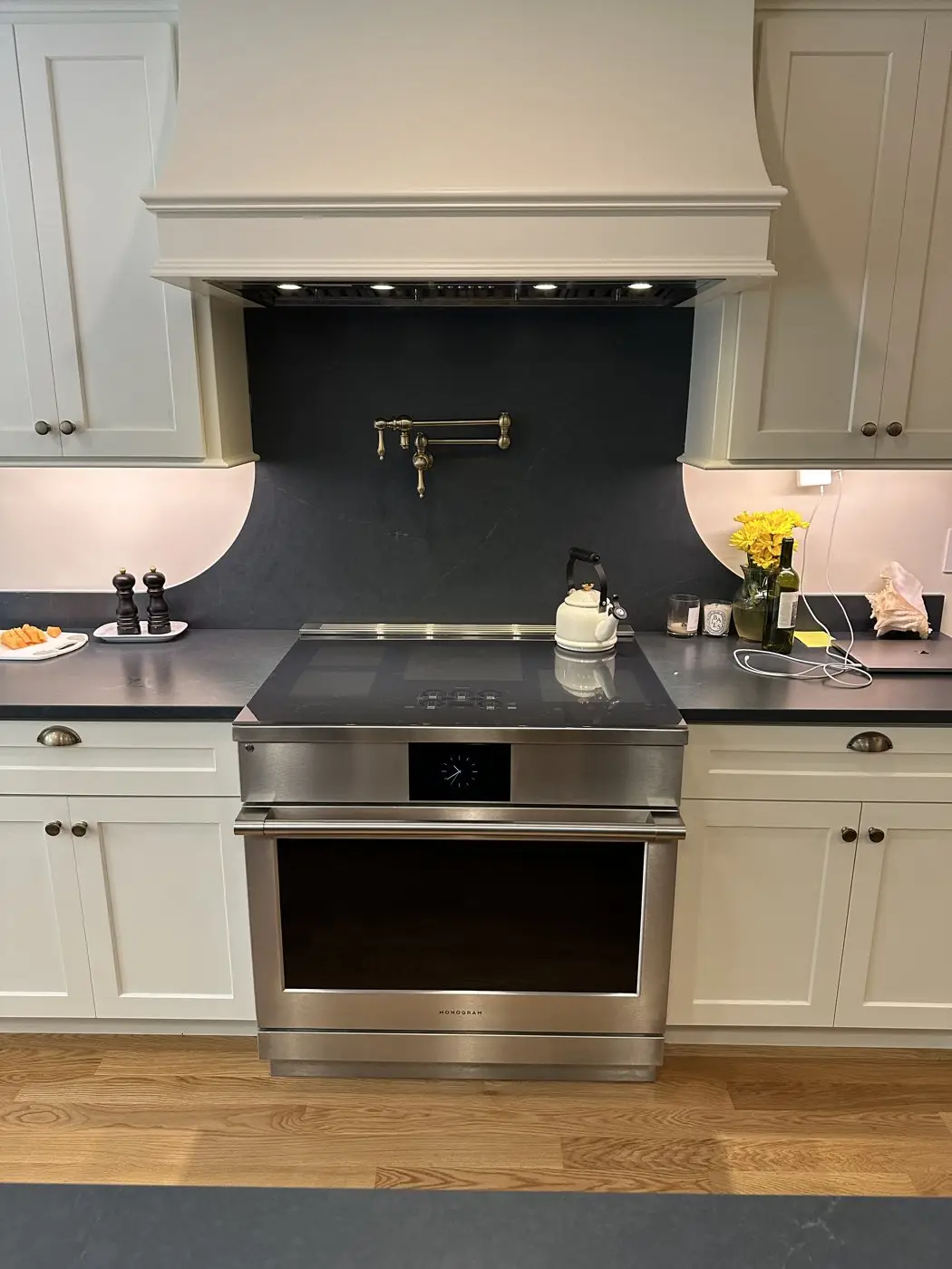 Kitchen monogram induction range pot filler 01 - West Newbury MA plumbing project
